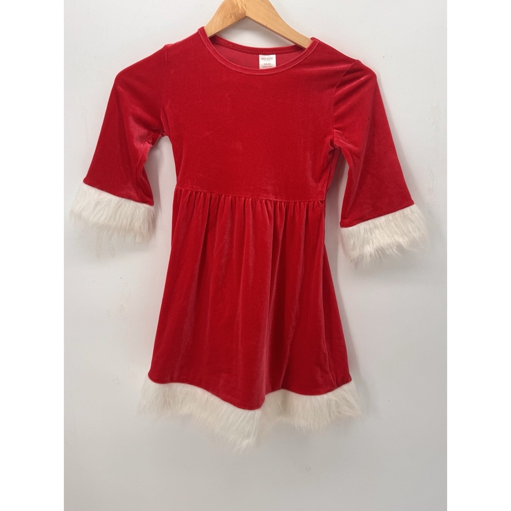 Holiday Time Girls Size 6-6X Red Velvet Santa Dress Christmas Faux Fur Costume